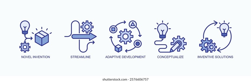 Ingenious Pathways Icon Set Isolated Vector With Icon Of Novel Invention, Streamline, Adaptive Development, Conceptualize, Inventive Solutions In Blue Style