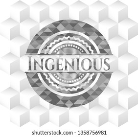 Ingenious retro style grey emblem with geometric cube white background