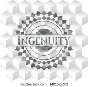 Ingenuity realistic grey emblem with geometric cube white background