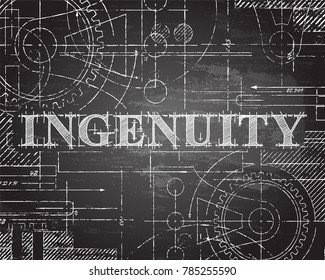 Ingenuity sign and gear wheels technical drawing on blackboard background
