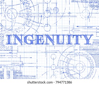 Ingenuity sign and gear wheels technical drawing on graph paper background
