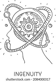 Ingenuity - sketchy vector illustration. Creative head with planet around. Creative illustration.
