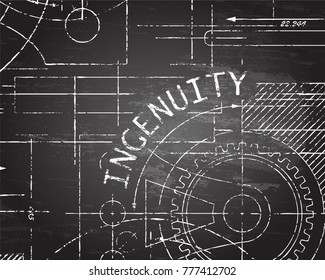 Ingenuity text with gear wheels hand drawn on blackboard technical drawing background
