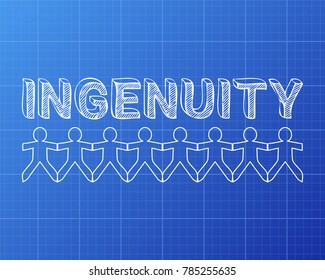 Ingenuity text hand drawn with paper people on blueprint background