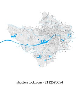 Ingolstadt, Bayern, Deutschland, hochauflösende Vektorkarte mit Stadtgrenzen und bearbeitbaren Wegen. Weiße Umrisse für Hauptverkehrsstraßen. Viele detaillierte Wege. Blaue Formen und Linien für das Wasser.