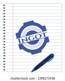 Ingot emblem with pen effect. Blue ink. Vector Illustration. Detailed.