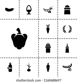 Ingredient icon. collection of 13 ingredient filled icons such as carrot, peas, oil, ketchup, pepper, egg, olive branch. editable ingredient icons for web and mobile.