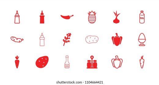 Ingredient icon. collection of 18 ingredient filled and outline icons such as potato, onion, deel, pepper, carrot, oil, ketchup. editable ingredient icons for web and mobile.