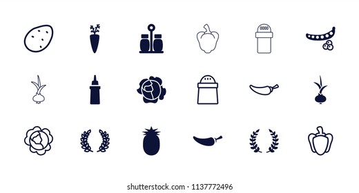 Ingredient icon. collection of 18 ingredient filled and outline icons such as peas, pepper, olive branch, pineapple, potato. editable ingredient icons for web and mobile.