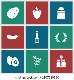 Ingredient icon. collection of 9 ingredient filled icons such as potato, pepper, easter egg, olive branch, deel, oil. editable ingredient icons for web and mobile.