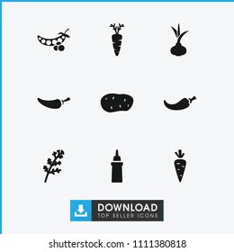 Ingredient icon. collection of 9 ingredient filled icons such as onion, deel, pepper, carrot, potato, peas. editable ingredient icons for web and mobile.