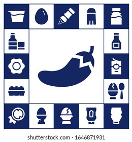ingredient icon set. 17 filled ingredient icons. Included Syrup, Whiskey, Fried egg, Chili, Eggs, Sauce, Tomato sauce, Egg, Coconut, Salt, Ketchup, Mayonnaise icons