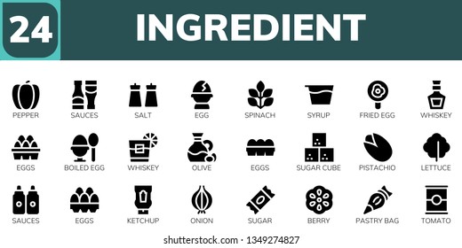 ingredient icon set. 24 filled ingredient icons.  Simple modern icons about  - Pepper, Sauces, Salt, Egg, Spinach, Syrup, Fried egg, Whiskey, Eggs, Boiled egg, Olive, Sugar cube