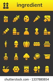 ingredient icon set. 26 filled ingredient icons.  Collection Of - Tomato sauce, Salt, Carrot, Egg, Broccoli, Syrup, Sugar, Chives, Whiskey, Pepper, Eggs, Sauce, Coconut, Fried egg