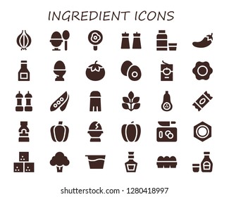  ingredient icon set. 30 filled ingredient icons. Simple modern icons about  - Onion, Boiled egg, Fried egg, Salt, Syrup, Chili, Sauce, Egg, Tomato, Tomato sauce, Pea, Spinach