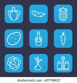 Ingredient icon. set of 9 outline ingredient icons such as potato, onion, carrot, cabbage, maple syrup, cucumber, pepper