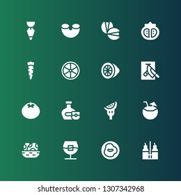 ingredient icon set. Collection of 16 filled ingredient icons included Vinegar, Chili, Whiskey, Eggs, Coconut, Tomato, Chop, Lemon, Carrot, Pistachio, Macaroni, Pastry bag