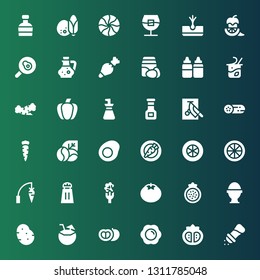 ingredient icon set. Collection of 36 filled ingredient icons included Pepper, Tomato, Fried egg, Coconut, Potato, Boiled egg, Pomegranate, Broccoli, Salt, Carrot, Lemon, Tomato slice