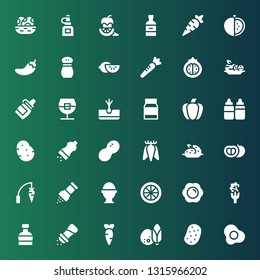 ingredient icon set. Collection of 36 filled ingredient icons included Egg, Potato, Coconut, Carrot, Pepper, Whiskey, Broccoli, Fried egg, Lemon, Boiled egg, Tomato, Tuber, Peanut