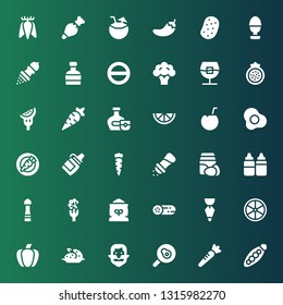 ingredient icon set. Collection of 36 filled ingredient icons included Peas, Carrot, Fried egg, Ginger, Potato, Paprika, Lemon, Pastry bag, Cucumber, Flour, Broccoli, Pepper, Sauces