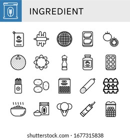 ingredient icon set. Collection of Flour, Mayonnaise, Dough, Beans, Chicken breast, Tomato, Coconut, Cauliflower, Pepper, Meatball, Salty, Potato, Smoked sausage, Eggs, Broccoli icons