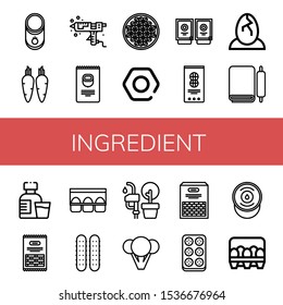 ingredient icon set. Collection of Tomato, Carrot, Silicone, Nuts, Coffee beans, Nut, Sauces, Peanut, Eggs, Dough, Syrup, Pasta, Egg carton, Cucumber, Vegetable oil, Broccoli icons