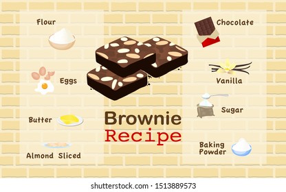 ingredient icons of products for making. recipe of brownie. egg flour butter sugar  chocolate vanilla and baking powder. vector illustration.