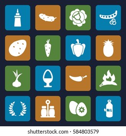 ingredient icons set. Set of 16 ingredient filled icons such as potato, onion, carrot, peas, cabbage, chili, oil, ketchup, pepper, cucumber, easter egg, egg, olive branch