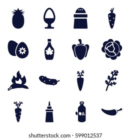 ingredient icons set. Set of 16 ingredient filled icons such as carrot, cabbage, deel, chili, oil, ketchup, pepper, maple syrup, cucumber, easter egg, egg, pineapple