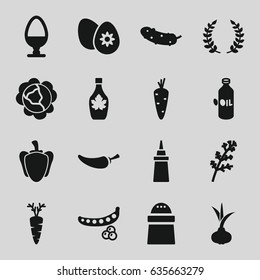 Ingredient icons set. set of 16 ingredient filled icons such as onion, carrot, peas, cabbage, deel, oil, ketchup, pepper, maple syrup, cucumber, easter egg, egg