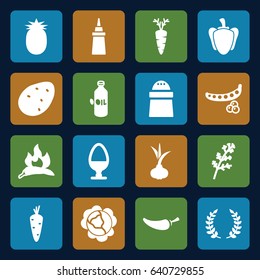 Ingredient icons set. set of 16 ingredient filled icons such as potato, onion, carrot, peas, cabbage, deel, chili, oil, ketchup, pepper, egg, olive branch