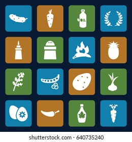Ingredient icons set. set of 16 ingredient filled icons such as potato, onion, carrot, peas, deel, chili, oil, ketchup, pepper, maple syrup, cucumber, easter egg, olive branch