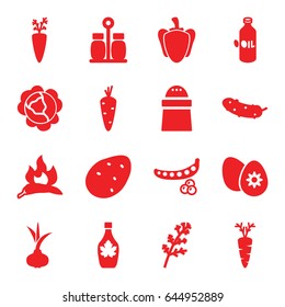 Ingredient icons set. set of 16 ingredient filled icons such as potato, onion, carrot, peas, cabbage, deel, chili, oil, pepper, maple syrup, cucumber, easter egg