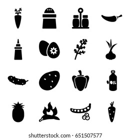 Ingredient icons set. set of 16 ingredient filled icons such as potato, onion, carrot, peas, deel, chili, oil, ketchup, pepper, cucumber, easter egg, pineapple