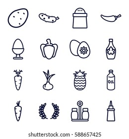 ingredient icons set. Set of 16 ingredient outline icons such as potato, onion, carrot, oil, ketchup, pepper, maple syrup, cucumber, easter egg, egg, pineapple