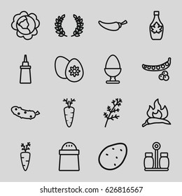 Ingredient icons set. set of 16 ingredient outline icons such as potato, peas, cabbage, deel, chili, ketchup, pepper, maple syrup, cucumber, carrot, easter egg, egg