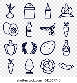 Ingredient icons set. set of 16 ingredient outline icons such as potato, onion, peas, cabbage, chili, oil, ketchup, pepper, maple syrup, cucumber, carrot, easter egg, egg