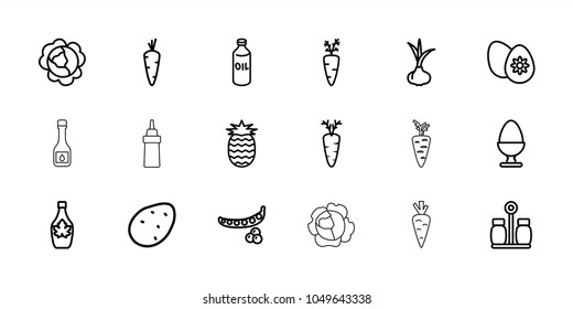 Ingredient icons. set of 18 editable outline ingredient icons: potato, onion, carrot, peas, cabbage, oil, maple syrup, carrot on fork, easter egg, egg, pepper, pineapple