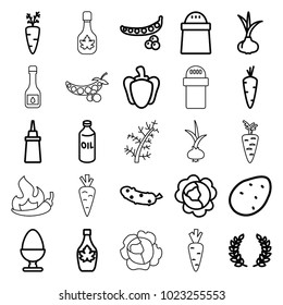 Ingredient icons. set of 25 editable outline ingredient icons such as potato, onion, carrot, peas, cabbage, oil, ketchup, pepper, maple syrup, cucumber, carrot on fork, egg
