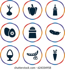 Ingredient icons set. set of 9 ingredient filled icons such as onion, peas, ketchup, pepper, cucumber, easter egg, egg