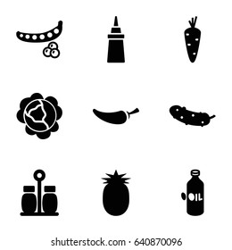 Ingredient icons set. set of 9 ingredient filled icons such as carrot, peas, cabbage, oil, ketchup, pepper, cucumber