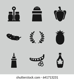 Ingredient icons set. set of 9 ingredient filled icons such as peas, ketchup, pepper, maple syrup, cucumber, olive branch