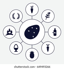 Ingredient icons set. set of 9 ingredient filled icons such as potato, deel, chili, oil, carrot, egg, olive branch, pineapple