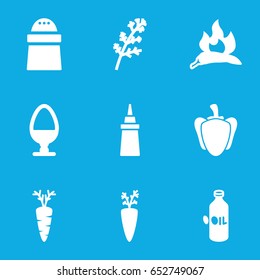 Ingredient icons set. set of 9 ingredient filled icons such as deel, chili, oil, ketchup, pepper, carrot, egg