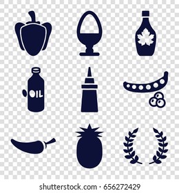 Ingredient icons set. set of 9 ingredient filled icons such as peas, oil, ketchup, maple syrup, pepper, egg, olive branch