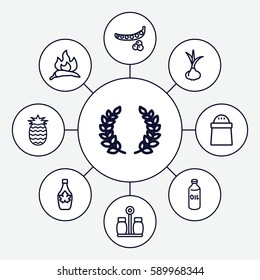 ingredient icons set. Set of 9 ingredient outline icons such as onion, peas, chili, oil, pepper, maple syrup, pineapple