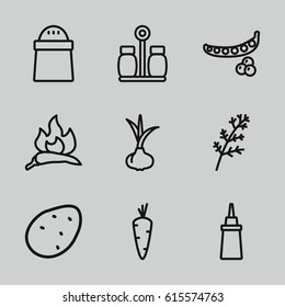 Ingredient icons set. set of 9 ingredient outline icons such as potato, onion, carrot, peas, deel, chili, ketchup