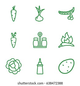 Ingredient icons set. set of 9 ingredient outline icons such as potato, onion, carrot, peas, cabbage, chili, ketchup, pepper