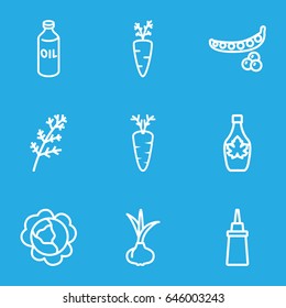 Ingredient icons set. set of 9 ingredient outline icons such as onion, peas, cabbage, deel, oil, ketchup, maple syrup, carrot