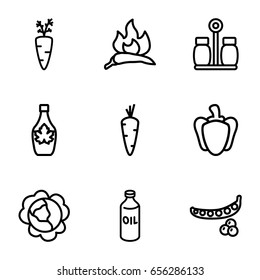 Ingredient icons set. set of 9 ingredient outline icons such as carrot, peas, cabbage, chili, oil, maple syrup, pepper